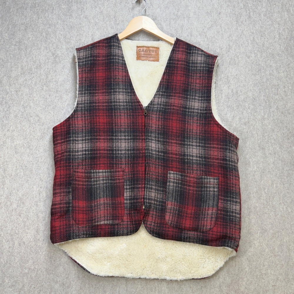 Vintage Cactus Mens L Red Buffalo Plaid Vest Rugged Cabin Lumberjack Gorpcore